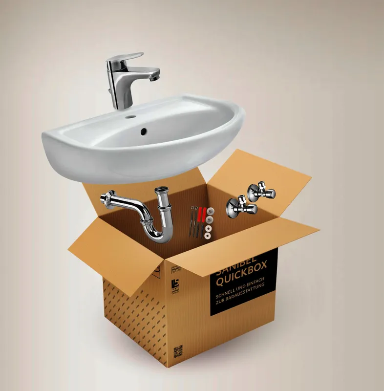 sanibel 1001-QuickBox Waschtisch 600mm mit Waschtisch-ELB, Bef., RS, 2xEV, weiß 7501003