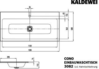 Kaldewei WB CONO EINBAUWASCHTISCH Mod.3082, 1200x500mm,alpinweiß,PEFF,AD,m. 1HL,oÜL – Bild 3