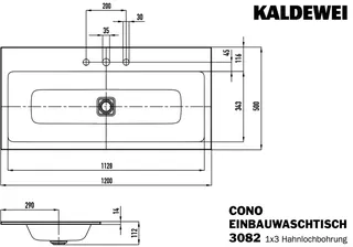 Kaldewei WB CONO EINBAUWASCHTISCH Mod.3082, 1200x500mm,alpinweiß,PEFF,AD,m. 3HL,oÜL – Bild 3