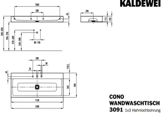Kaldewei WB CONO WANDWASCHTISCH Mod.3091,1200x 500mm,alpinweiß,PEFF,AD,m. 3HL,oÜL – Bild 3