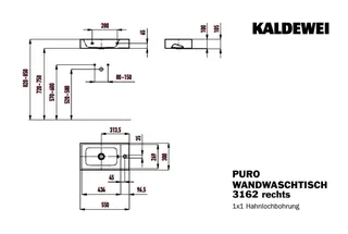 Kaldewei WB PURO WAND-HANDWASCHTISCH Mod.3162, 550x300mm,alpwm,PEFF,AD,m. 1HL,oÜL – Bild 3