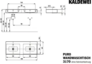 Kaldewei WB PURO WAND-DOPPELWASCHTISCH Mod. 3170,1300x460mm,alpwe,PEFF,AD,mÜL,chr – Bild 2