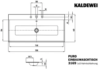 Kaldewei WB PURO EINBAUWASCHTISCH Mod.3169, 1200x460mm,alpwe,PEFF,AD,m. 3HL,mÜL,chr – Bild 4
