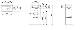 Laufen HWB PRO S 280x480x150 asym. ohne Hahnloch mit Überlauf Becken links LCC weiß – Bild 2