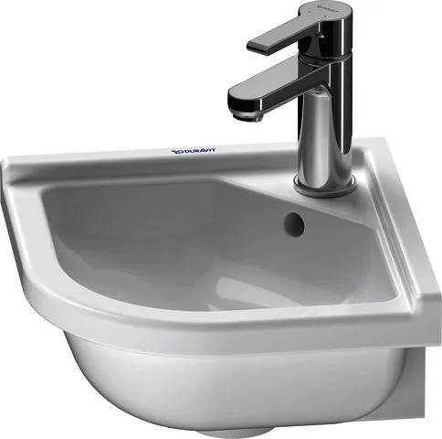 Duravit Eck-Handwaschbecken Starck 3 430 mm mit ÜL, mit HLB, 1 HL, weiß WonderGliss