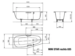 Kaldewei Badewanne MINI STAR RECHTS Mod.835,1570x700 mm,pergamon – Bild 4