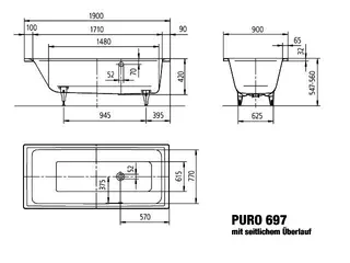 Kaldewei Badewanne PURO MIT SEITLICHEM ÜBERLAUF Mod. 697,1900x900mm,pergamon – Bild 3
