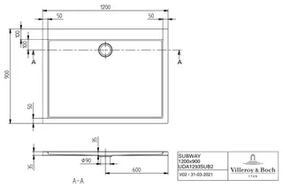 Villeroy & Boch Duschwanne Subway 1200x900x35mm Rechteck Weiß Alpin – Bild 4