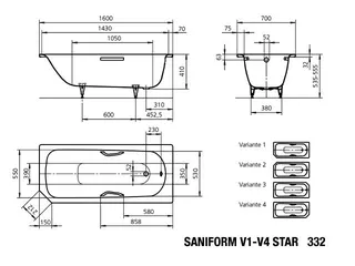 Kaldewei Badewanne SANIFORM V1-V4 STAR Mod.332 V2, 1600x700mm,alpinweiß – Bild 2