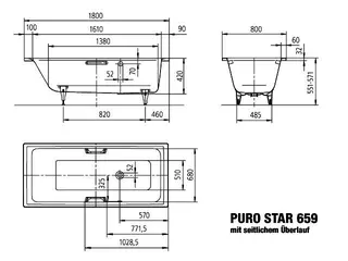 Kaldewei Badewanne PURO STAR MIT SEITLICHEM ÜBERLAUF Mod.659,1800x800mm,alpinweiß,VAS – Bild 3