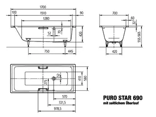 Kaldewei Badewanne PURO STAR MIT SEITLICHEM ÜBERLAUF Mod.690,1700x700mm,alpinweiß,PEFF,AS – Bild 3