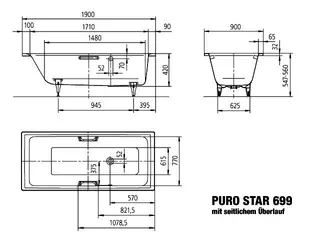 Kaldewei Badewanne PURO STAR MIT SEITLICHEM ÜBERLAUF Mod.699,1900x900mm,alpinweiß,PEFF,AS – Bild 3