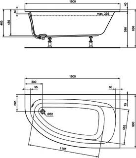 sanibel 1001-Acryl-Raumsparbadewanne A14 1600x900x450mm rechts weiß – Bild 2