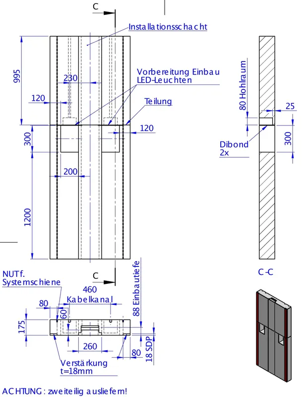 SD Wandmodul DP raumhoch m. Install-scha 2500x900x175