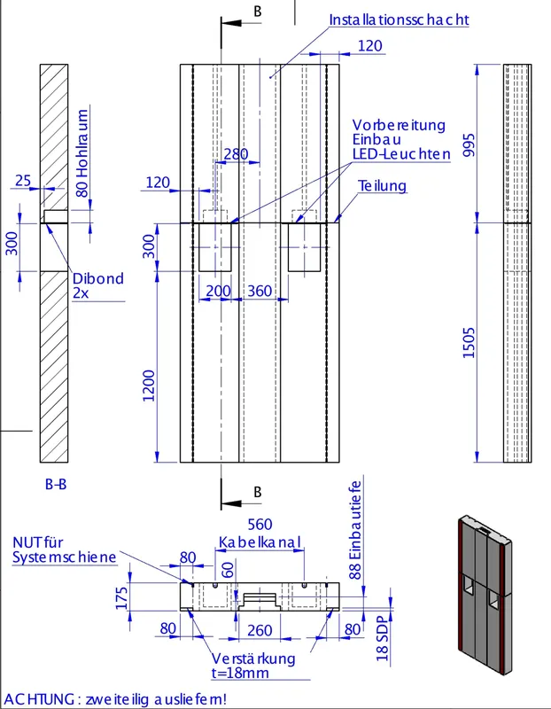 SD Wandmodul DP raumhoch m. Install-scha 2500x1000x175