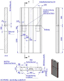 SD Wandmodul DP raumhoch m. Install-scha 2500x1200x175