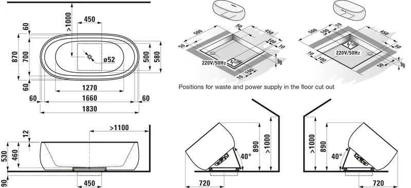 Laufen freist. Badewanne ALESSI 870x1830x530 Sentec weiß