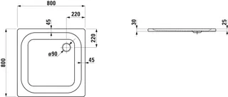 Laufen Duschwanne PLATINA 800x800x25 Stahl Abl. seitl inkl.Schallschutz weiß – Bild 2