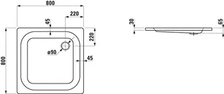 Laufen Duschwanne PLATINA 800x800x65 Stahl Abl. seitl. inkl.Schallschutz we – Bild 2