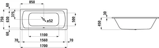 Laufen Einbau-Badewanne PRO 750x1700x450 Stahl inkl.Schallschutz weiß – Bild 2