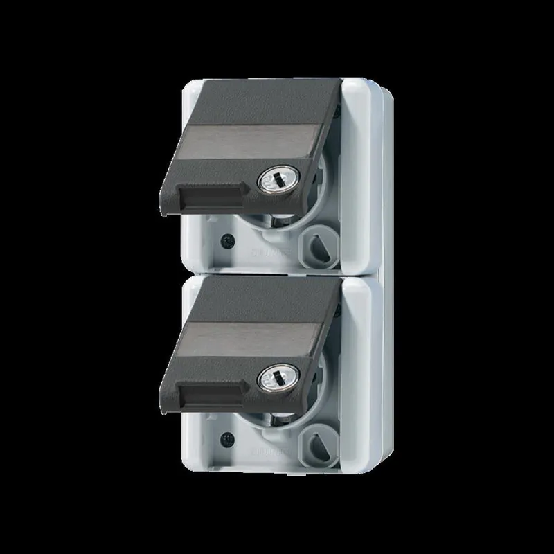 Jung SCHUKO®-Zweifach-Steckdose, 2 Leitungseinführungen, 2 Einzelabdeckungen, 16 A 250 V ~, mit Schriftfeld, Klappdeckel, mit Sicherheitsschloss, senkrecht 822NAWSL