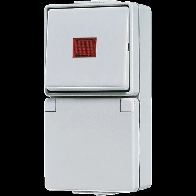 Jung SCHUKO®-Steckdose 16 A 250 V ~ mit Wipp-KontrollschalterUniversal Aus-Wechsel 10 AX 250 V ~, 16 A 250 V ~, IP 44, WG 600 676KOW