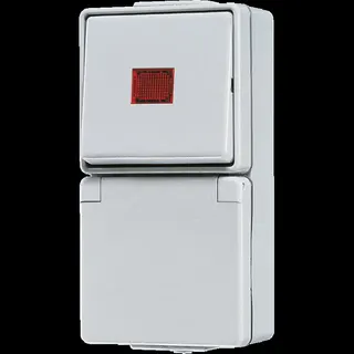 Jung SCHUKO®-Steckdose 16 A 250 V ~ mit Wipp-KontrollschalterUniversal Aus-Wechsel 10 AX 250 V ~, 16 A 250 V ~, IP 44, WG 600 676KOW