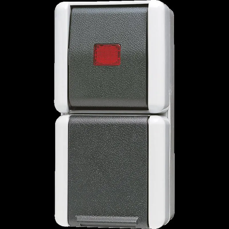 Jung SCHUKO®-Steckdose 16 A 250 V ~ mit Wipp-KontrollschalterUniversal Aus-Wechsel 10 AX 250 V ~, 16 A 250 V ~, IP 44, WG 800 876KOW