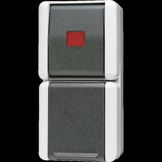 Jung SCHUKO®-Steckdose 16 A 250 V ~ mit Wipp-KontrollschalterUniversal Aus-Wechsel 10 AX 250 V ~, 16 A 250 V ~, IP 44, WG 800 876KOW