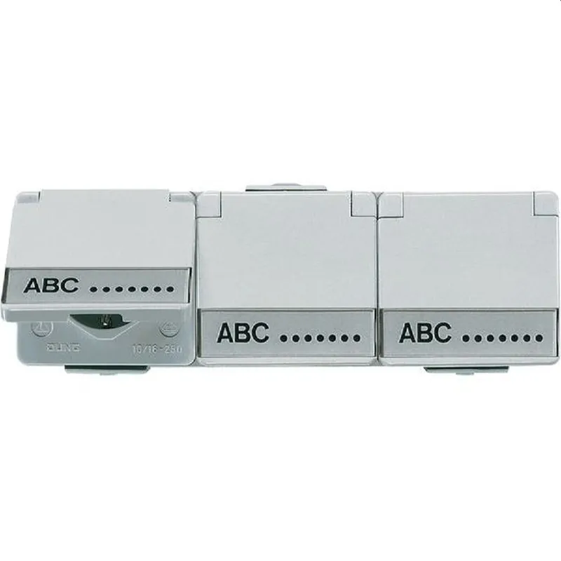 Jung SCHUKO®-Dreifach-Steckdose, 16 A 250 V ~, mit Schriftfeld, Klappdeckel, waagerecht, IP 44, WG 600 623NAW
