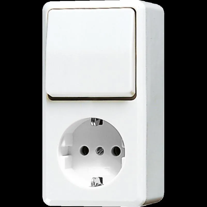 Jung SCHUKO®-Steckdose 16 A 250 V ~ mit Schalter Universal Aus-Wechsel 10 AX 250 V ~, AP 600, alpinweiß 676AWW