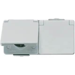 Jung SCHUKO®-Zweifach-Steckdose, 16 A 250 V ~, Klappdeckel, waagerecht, IP 44, WG 600 622WW