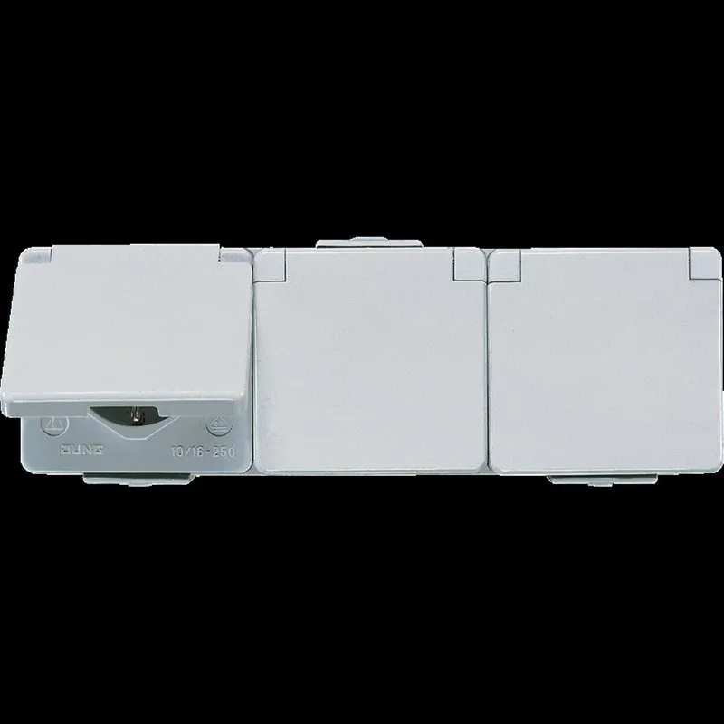 Jung SCHUKO®-Dreifach-Steckdose, 16 A 250 V ~, Klappdeckel, waagerecht, IP 44, WG 600 623W