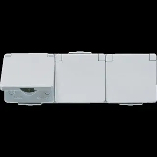 Jung SCHUKO®-Dreifach-Steckdose, 16 A 250 V ~, Klappdeckel, waagerecht, IP 44, WG 600 623W