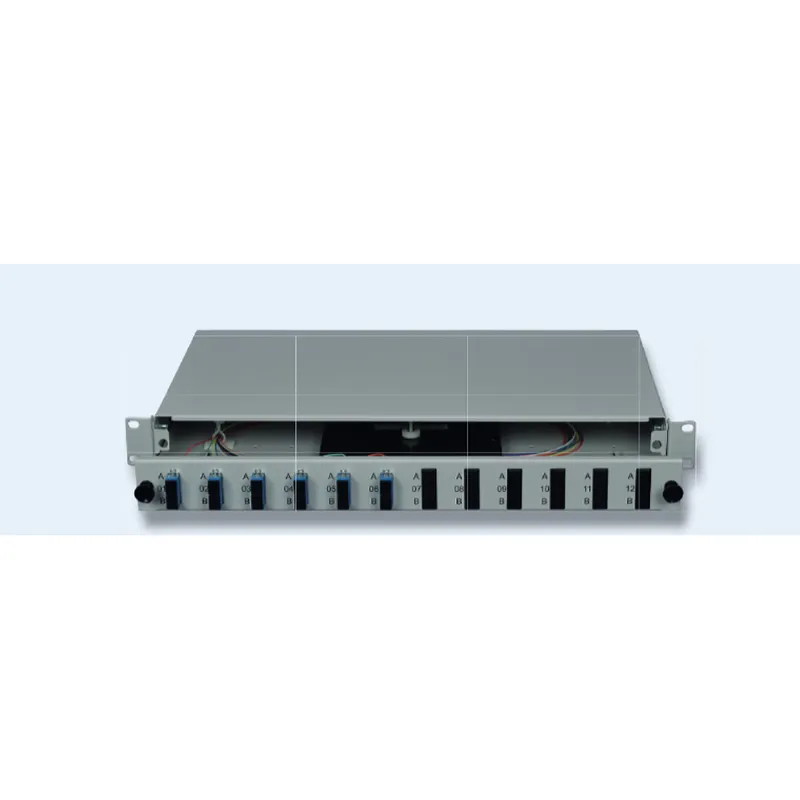 DNBL Spleissbox 19" 1HE ausz. RAL7035 6xSCD/PC-Kupp, 12x-Pigtails OS2 5122206121