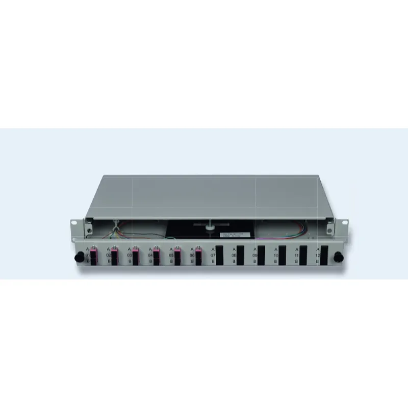 DNBL Spleissbox 19" 1HE ausz. RAL7035 6xSCD-Kupp, 12x-Pigtails OM4 5122206125