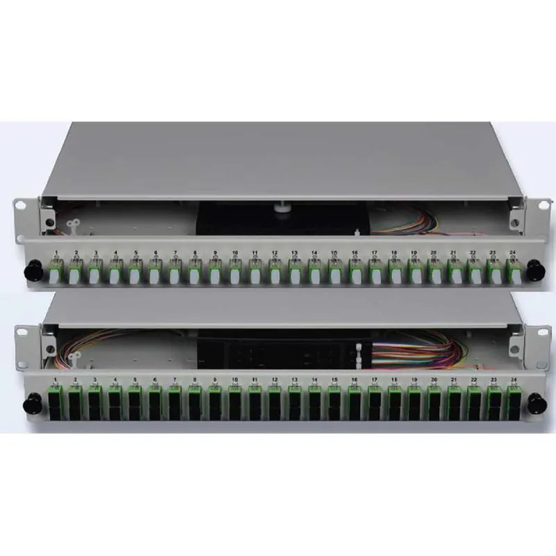 DNBL Spleissbox 19" 1HE ausz. RAL7035 12xSCD/PC-Kupp, 24x-Pigtails OS2 5122212121