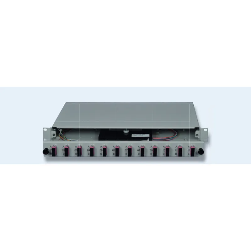 DNBL Spleissbox 19" 1HE ausz. RAL7035 12xSCD-Kupp, 24x-Pigtails OM4 5122212125