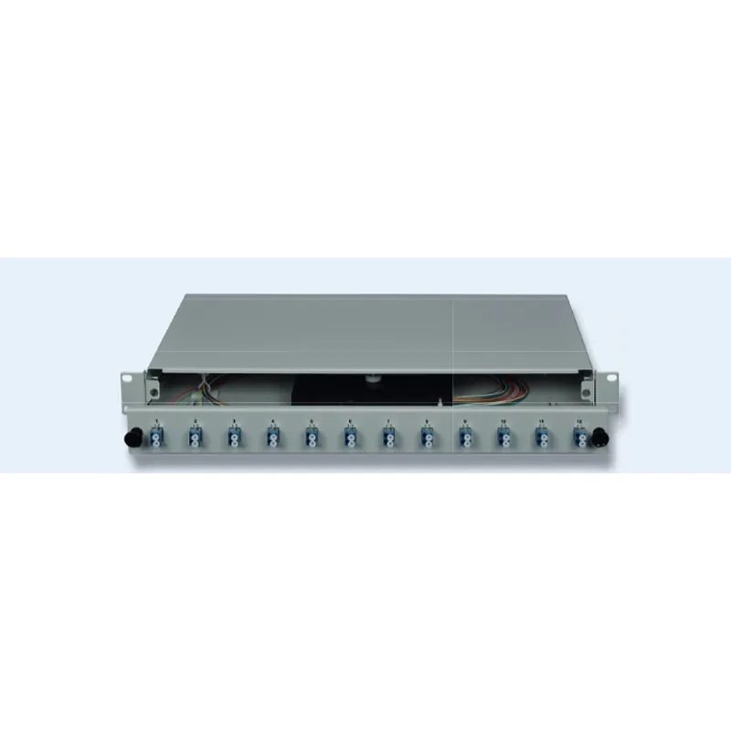 DNBL Spleissbox 19" 1HE ausz. RAL7035 12xLCD/PC-Kupp, 24x-Pigtails OS2 5122212171