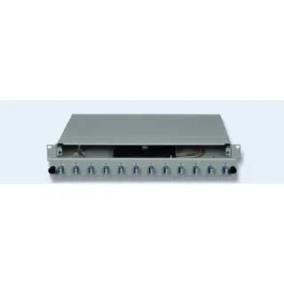 DNBL Spleissbox 19" 1HE ausz. RAL7035 12xLCD/PC-Kupp, 24x-Pigtails OS2 5122212171