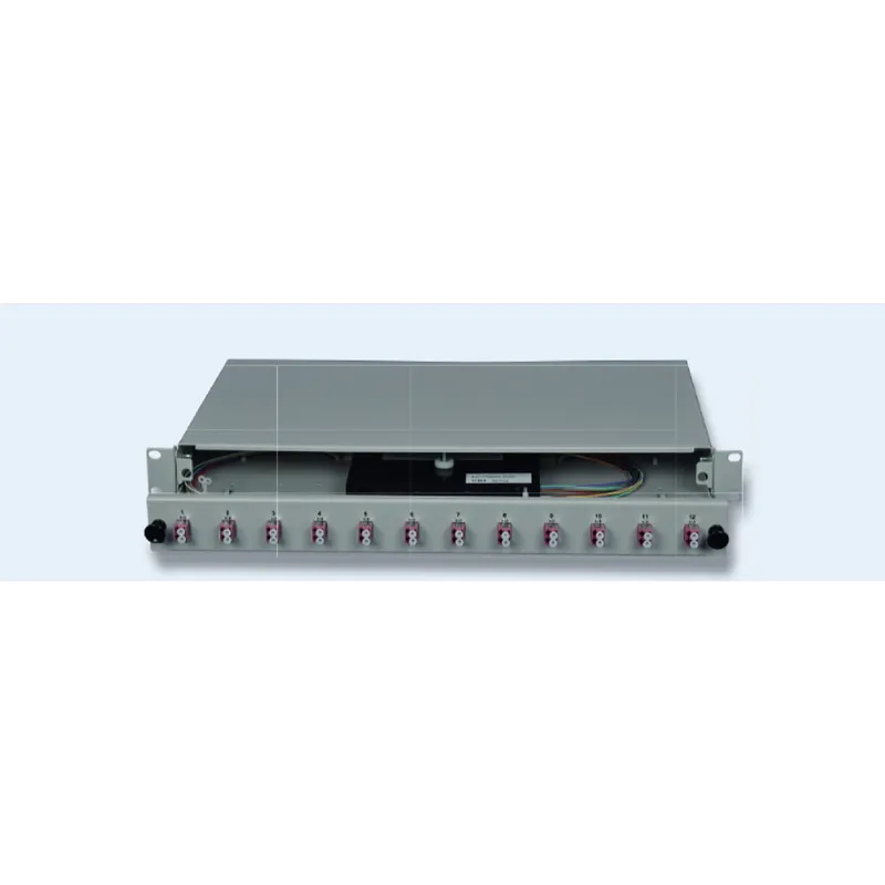 DNBL Spleissbox 19" 1HE ausz. RAL7035 12xLCD-Kupp, 24x-Pigtails OM4 5122212175