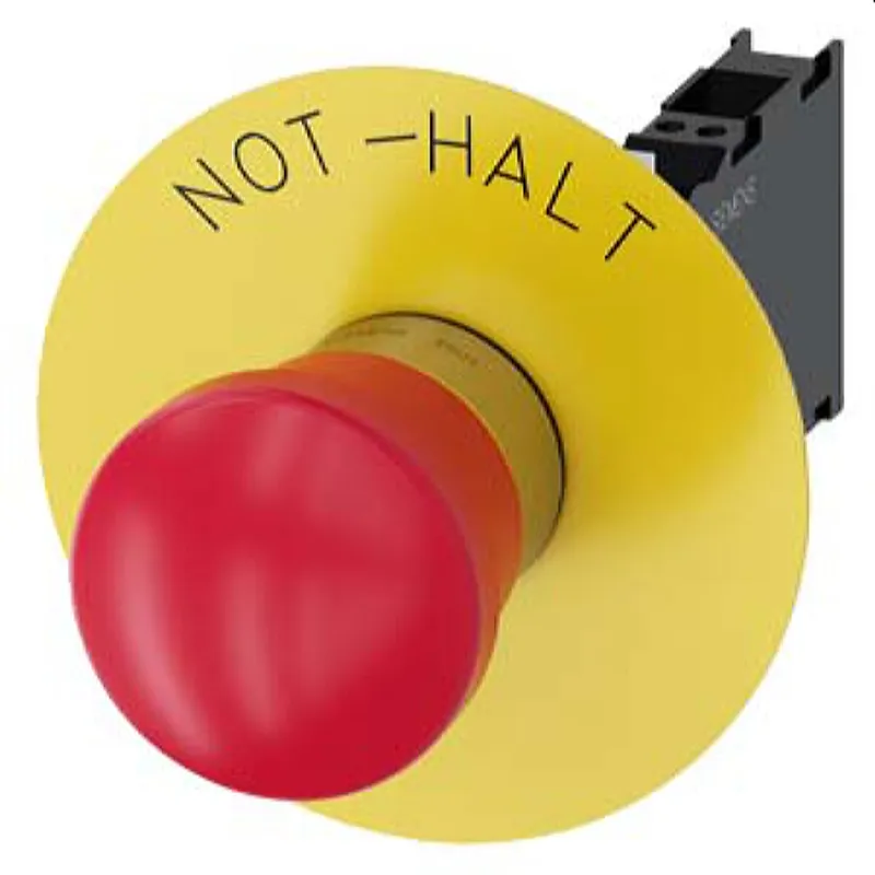 Siemens Not-Halt-Pilzdrucktaster 22mm rund rot mit Beschriftung 1S+1OE 3SU1150-1HA20-3FH0