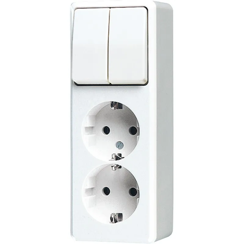 Jung SCHUKO®-Zweifach-Steckdose 16 A 250 V ~ mit Serienschalter 10 AX 250 V ~, AP 600, alpinweiß 625AWW