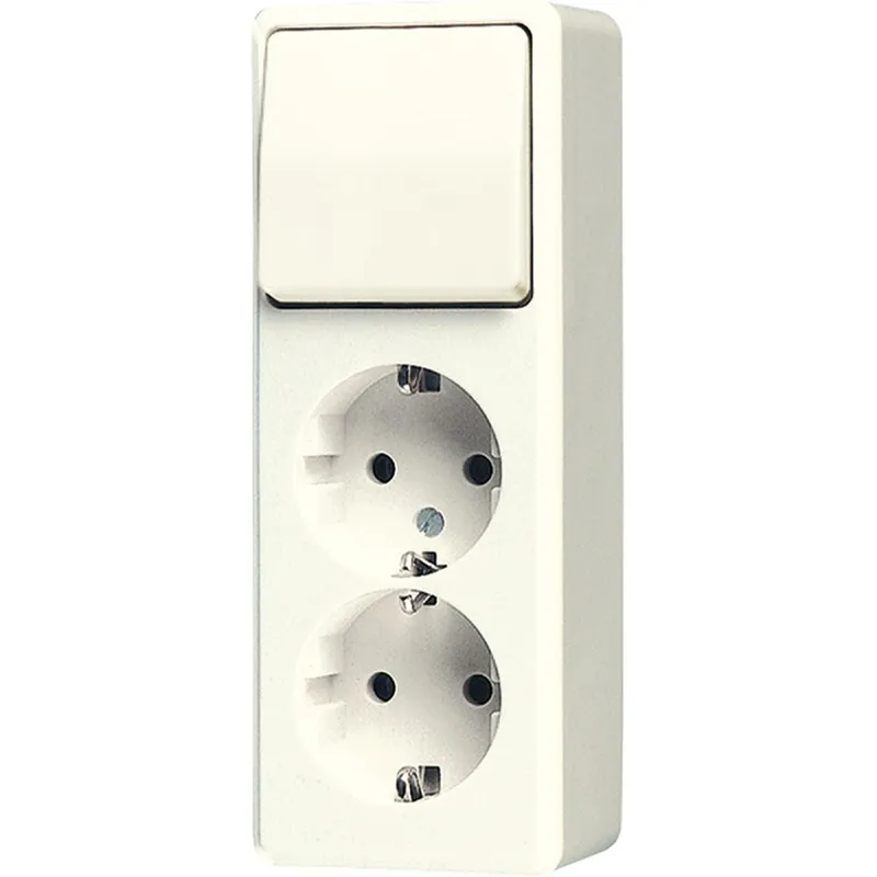 Jung SCHUKO®-Zweifach-Steckdose 16 A 250 V ~ mit Schalter Universal Aus-Wechsel 10 AX 250 V ~, AP 600, weiß 626A