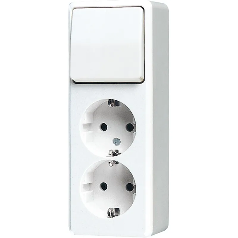 Jung SCHUKO®-Zweifach-Steckdose 16 A 250 V ~ mit Schalter Universal Aus-Wechsel 10 AX 250 V ~, AP 600, alpinweiß 626AWW