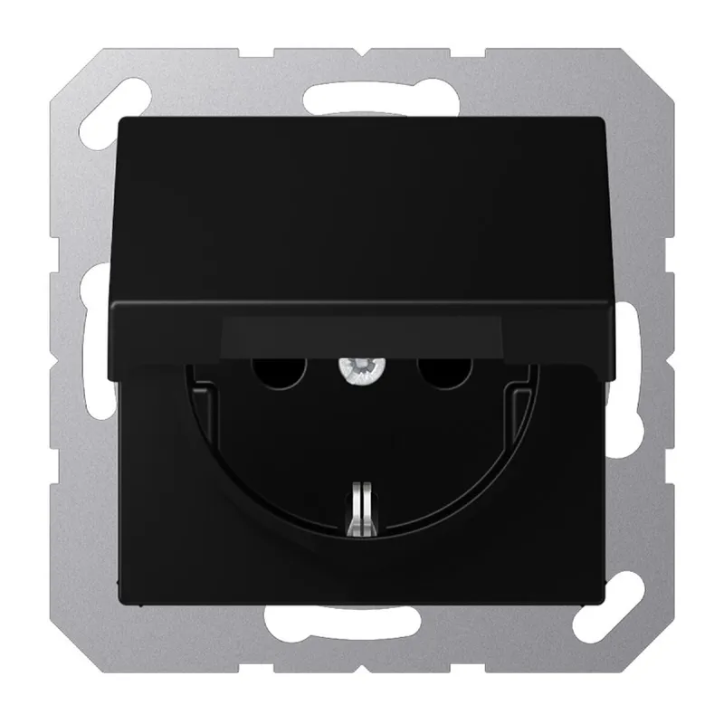 Jung SCHUKO Steckdose, 16 A 250 V ~, ohne Krallen, Klappdeckel, Thermoplast lackiert, Serie A, graphitschwarz matt A1520NBFKLSWM