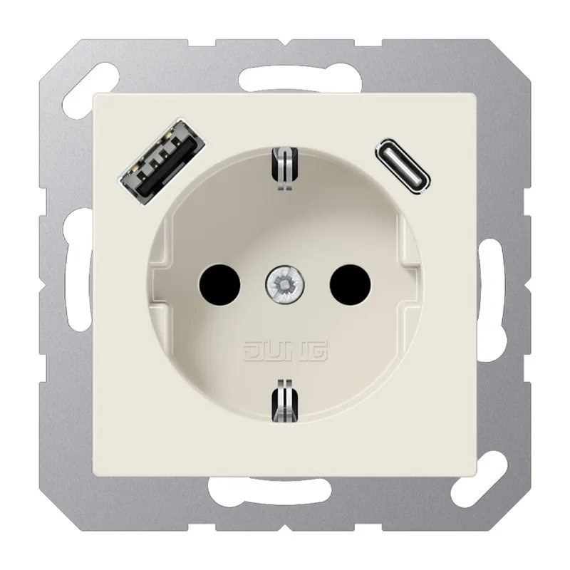 Jung SCHUKO Steckdose 16 A 250 V ~, mit USB-Ladegerät 1 x Typ A + 1 x Typ C, SAFETY+, Serie AS, weiß A1520-15CA