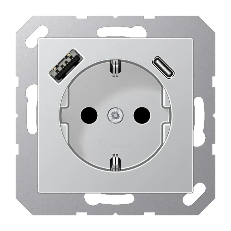 Jung SCHUKO Steckdose 16 A 250 V ~, mit USB-Ladegerät 1 x Typ A + 1 x Typ C, SAFETY+, Serie A, aluminium A1520-15CAAL