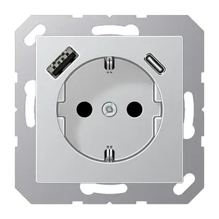 Jung SCHUKO Steckdose 16 A 250 V ~, mit USB-Ladegerät 1 x Typ A + 1 x Typ C, SAFETY+, Serie A, aluminium A1520-15CAAL