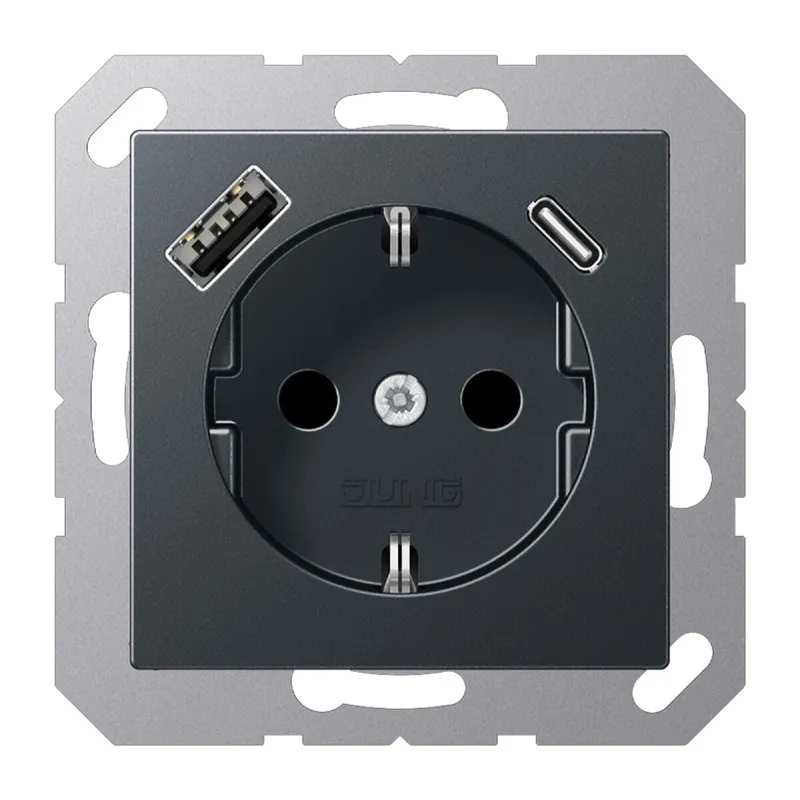 Jung SCHUKO Steckdose 16 A 250 V ~, mit USB-Ladegerät 1 x Typ A + 1 x Typ C, SAFETY+, Serie A, anthrazit matt A1520-15CAANM